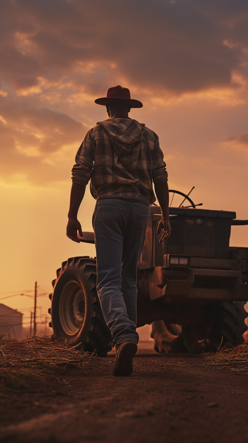 Farmer walking to tractor at sunset