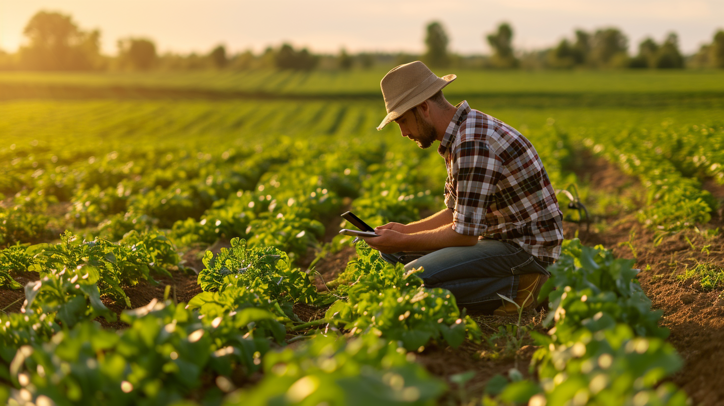 Farmer using tablet in green field