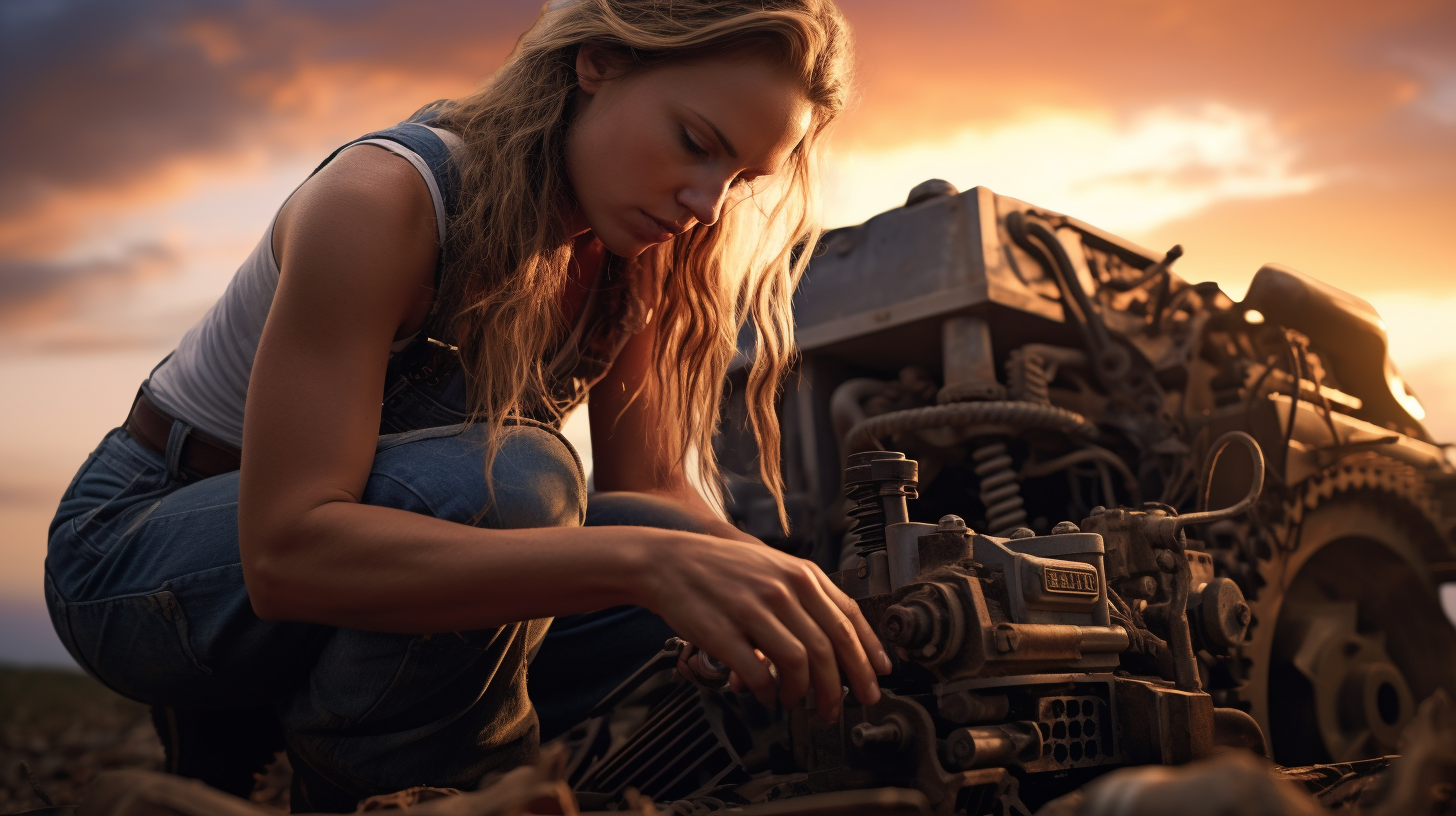 Frustrated farmer woman repairing harvester