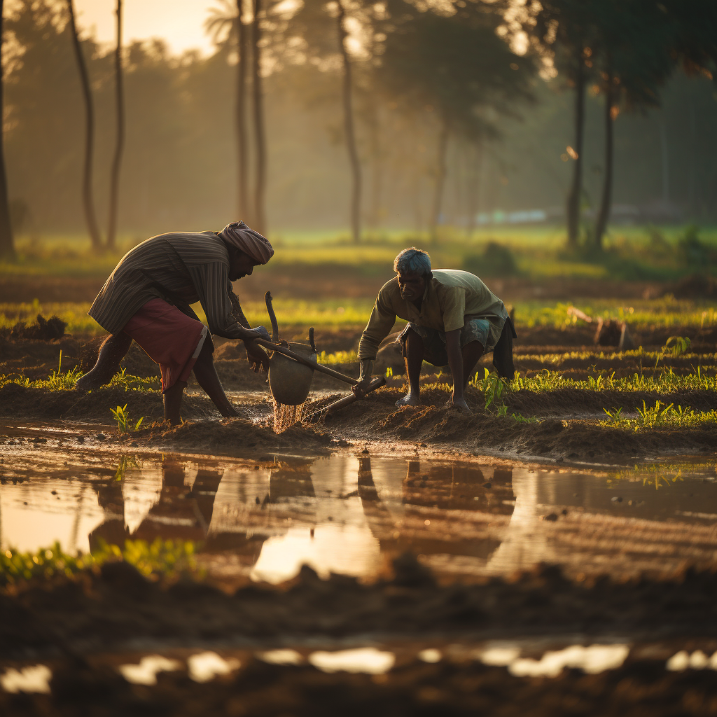 Farmers sowing paddy seeds on field