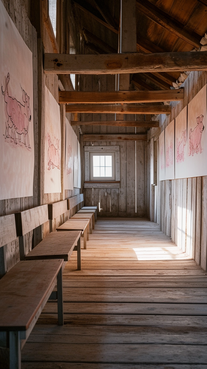 Pink pig drawings in farmhouse barn