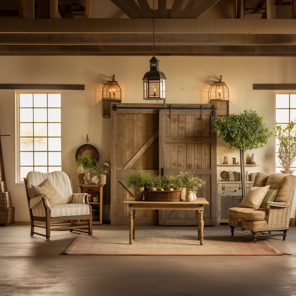 Farmhouse interior with lighting and wall decor