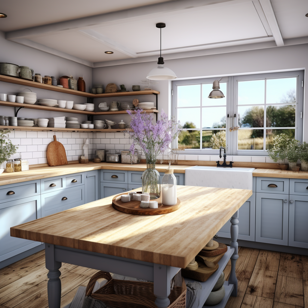 Beautiful clutter-free farmhouse kitchen with light blue cabinetry