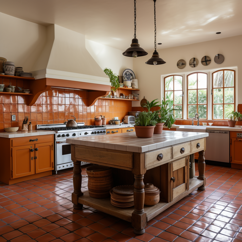 Farmhouse kitchen with terracotta ceramic tiles and island sink