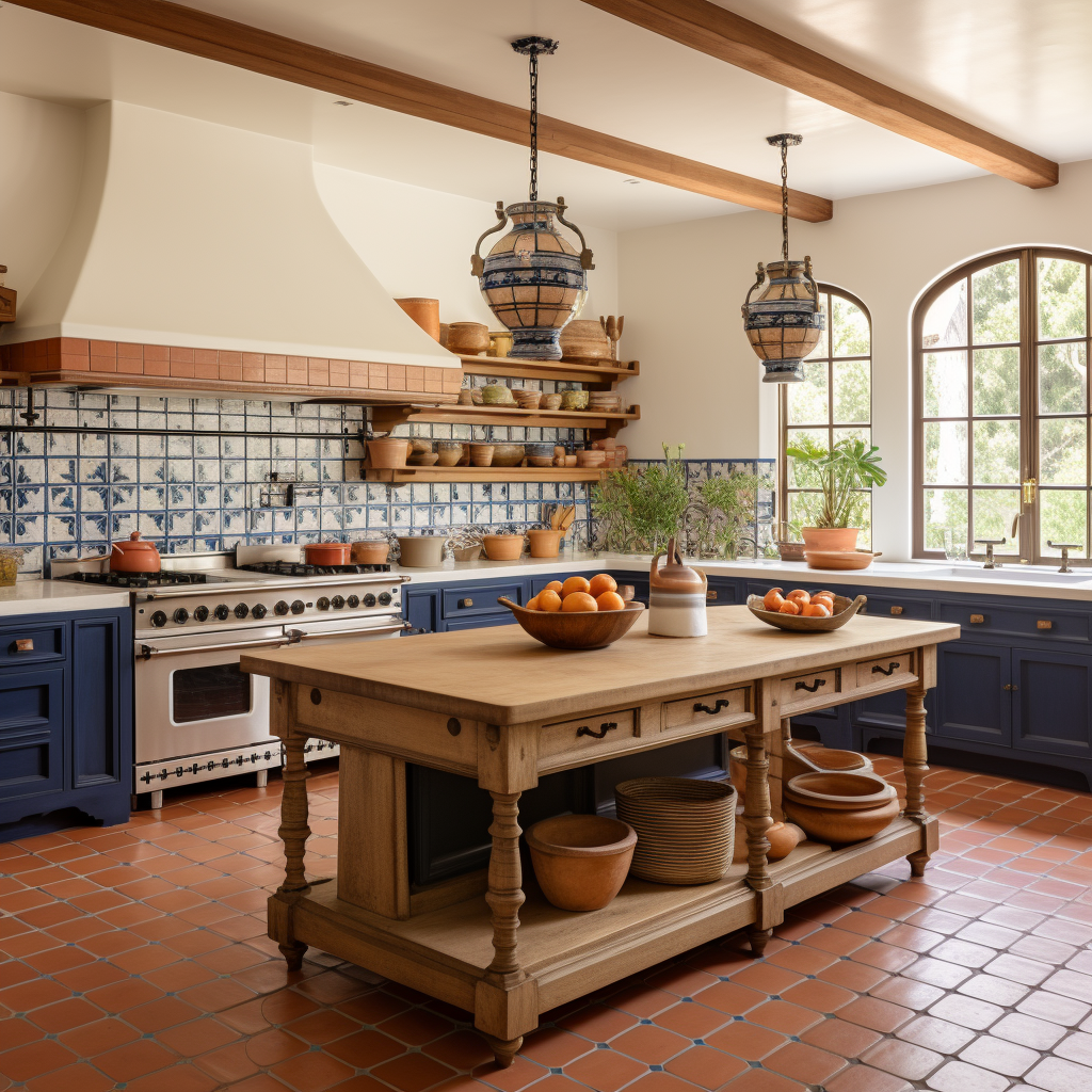 Beautiful farmhouse kitchen with terracotta ceramic tiles