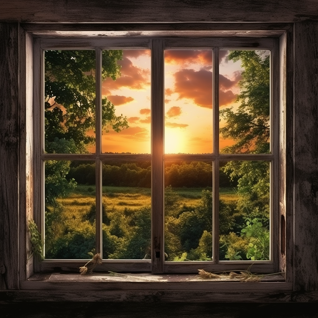 Old farmhouse window with forest view and sunset reflection