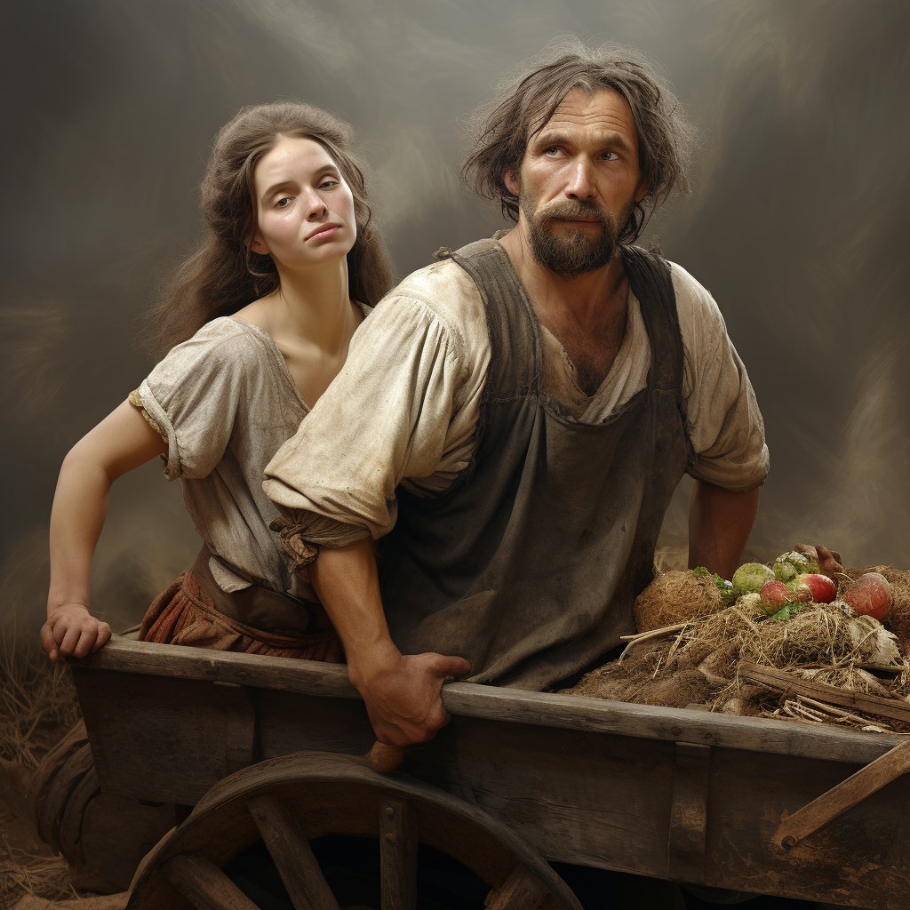 Dirty and Disheveled Farming Couple with Futuristic Wheelbarrow