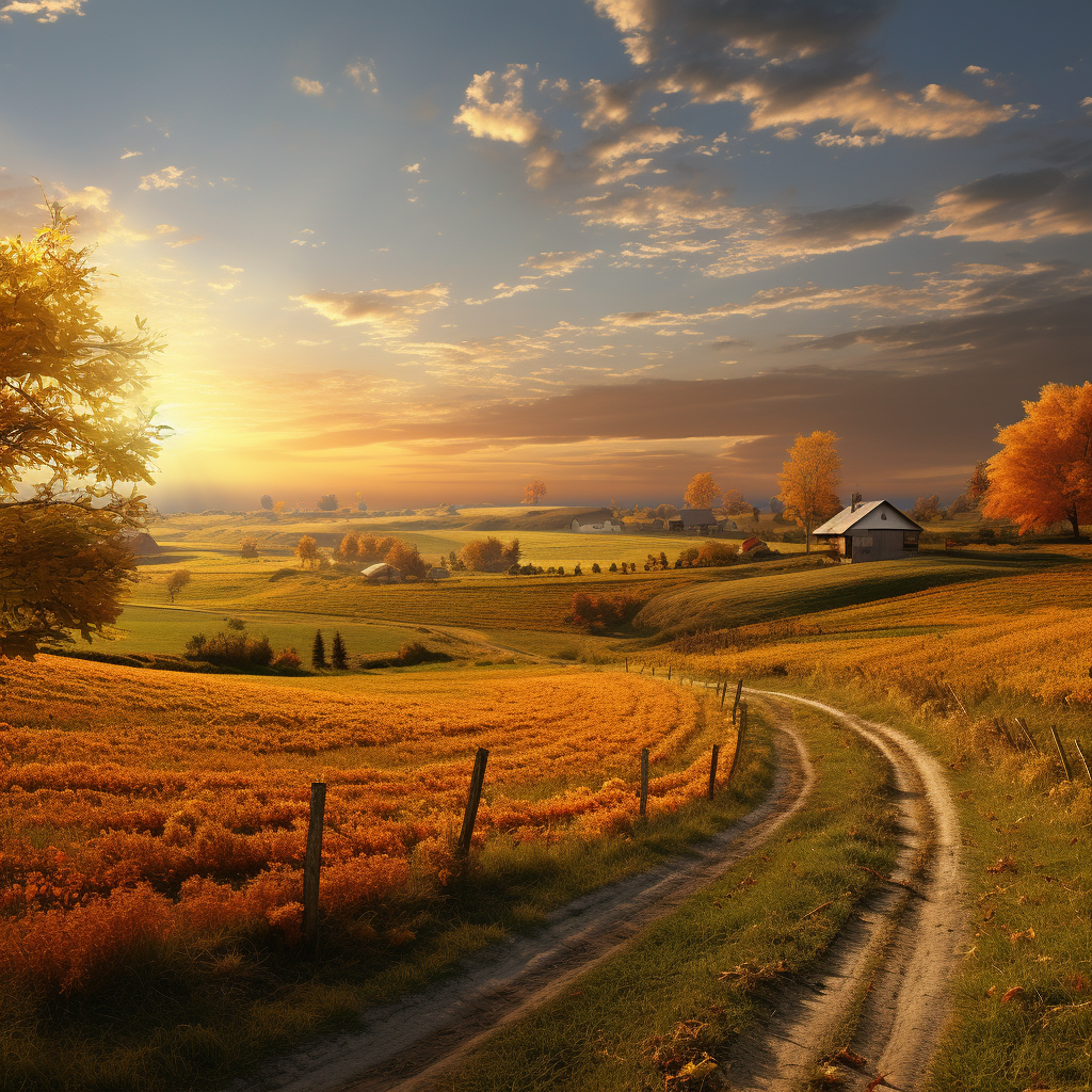 Picturesque farmland in autumn sunset