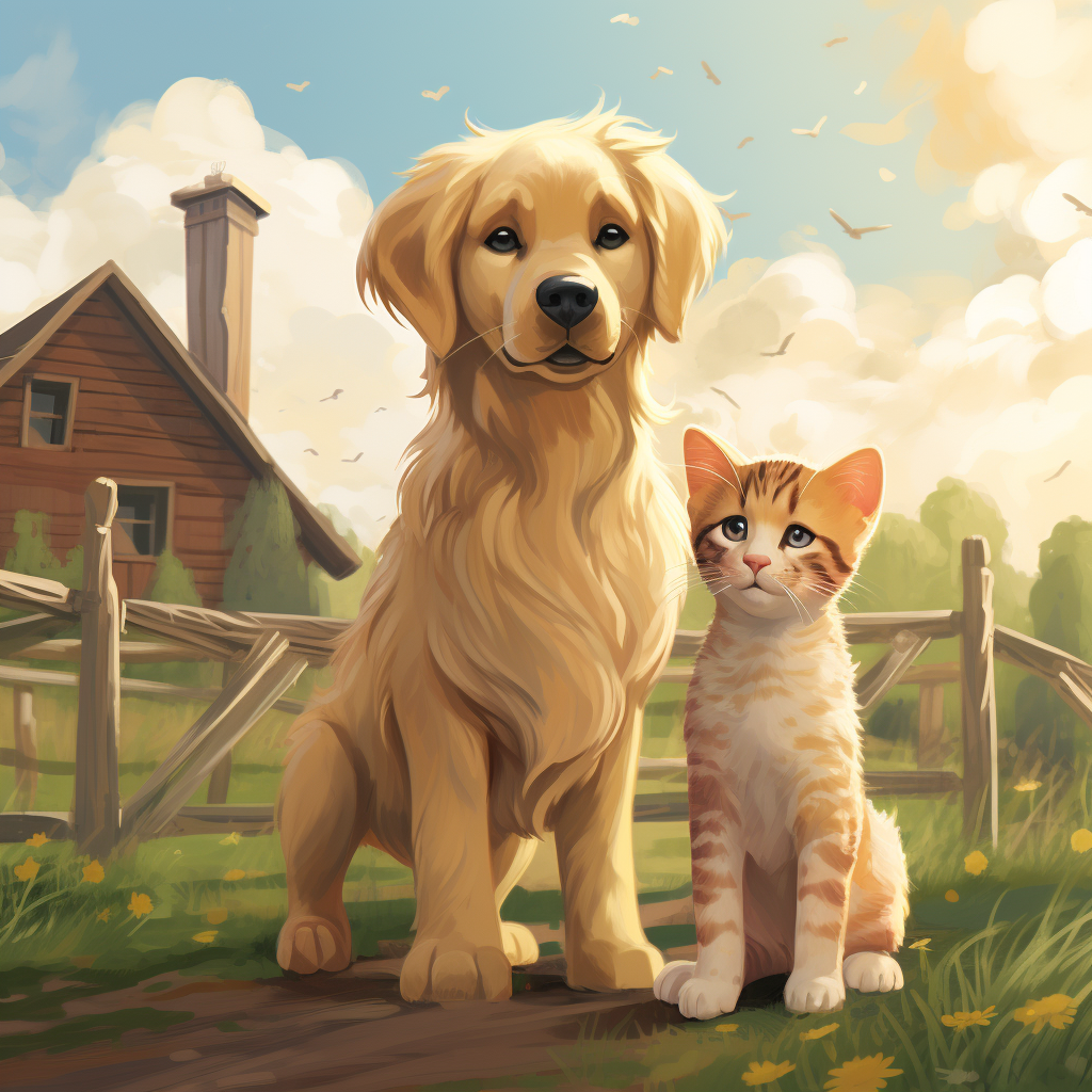 Adult golden retriever and cute tabby kitten in a farm yard