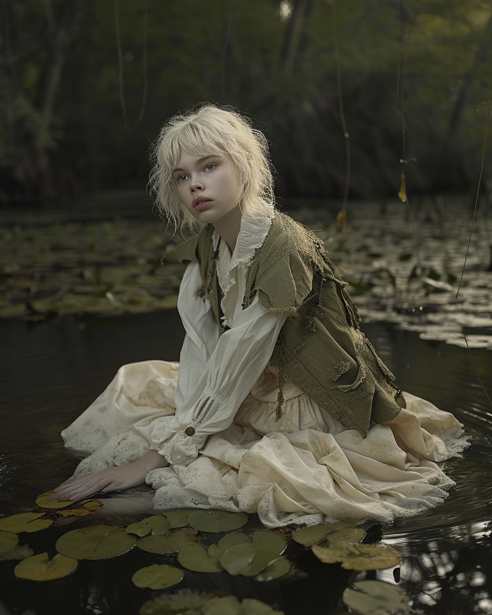 Blonde girl in water with intricate outfit