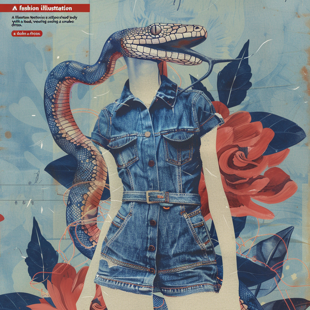 Woman wearing denim dress with snake head