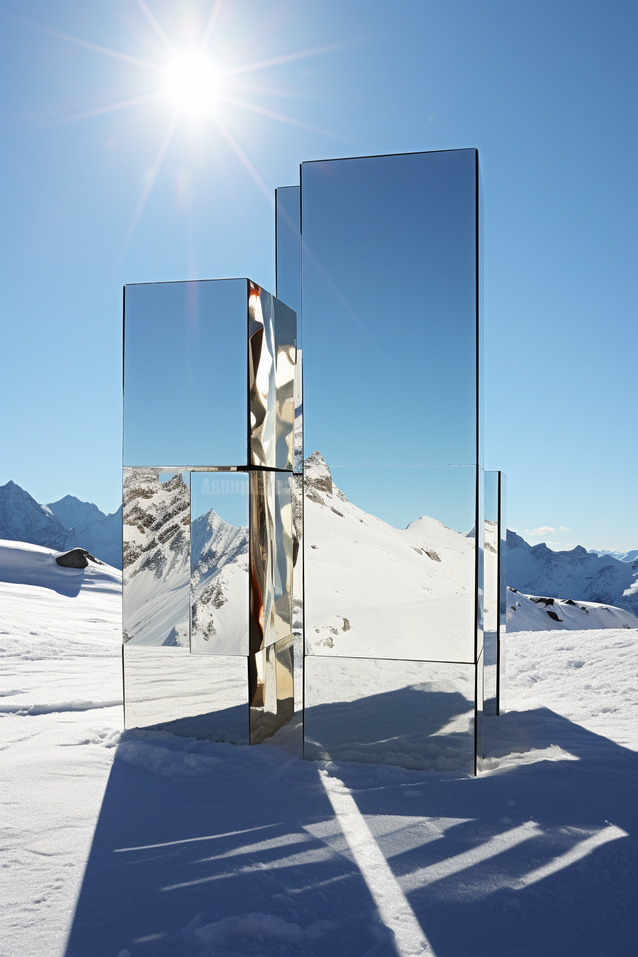 Mirror Art Installation in Snowy Mountain