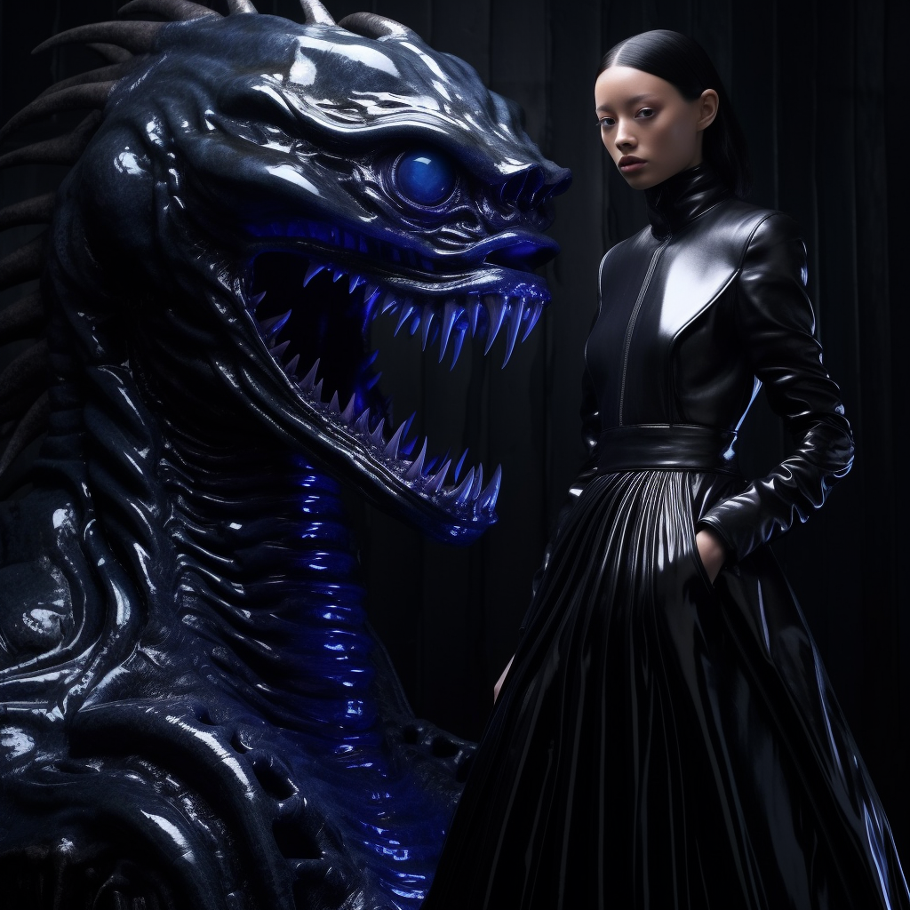 Fashion Model in Balenciaga Stares at Xenomorph