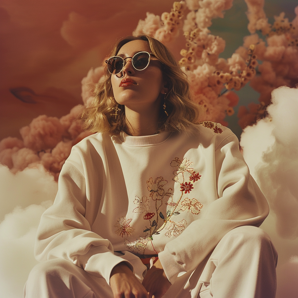 fashion model on clouds with sunglasses