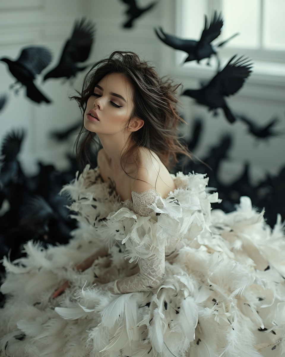 Model in Feather Dress with Flying Birds