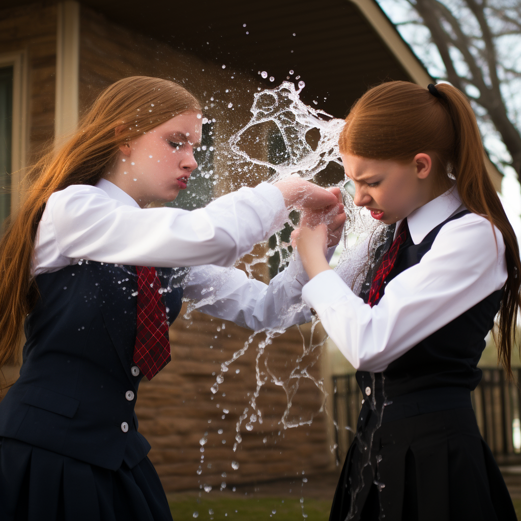 Two tween girls having a water fight