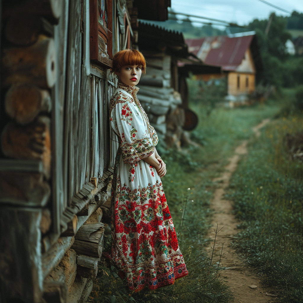 Woman with Short Strawberry Blonde Hair in Traditional Slavic Celebration