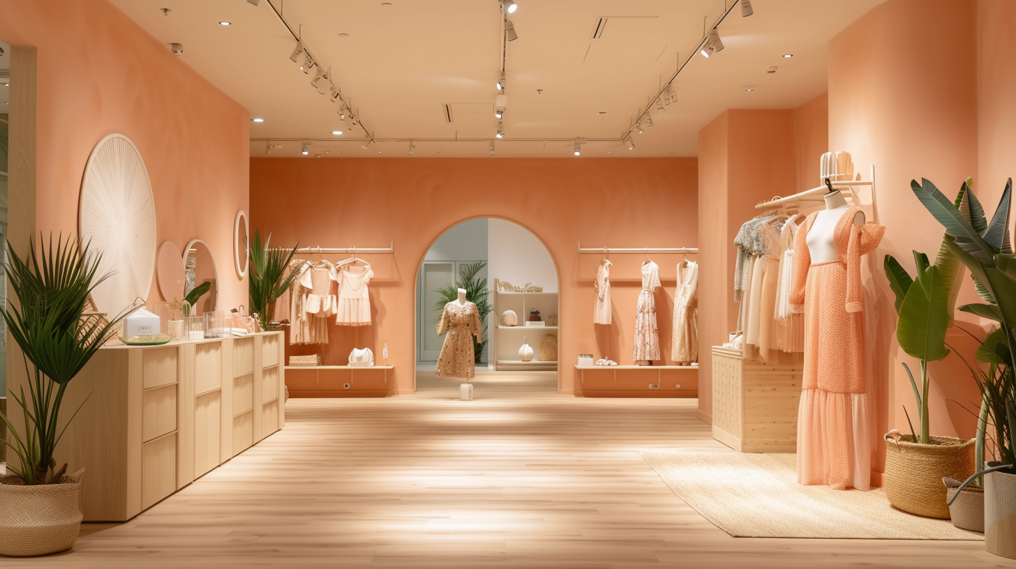 Fashion retail shop with trendy mannequins in soft peach-colored walls