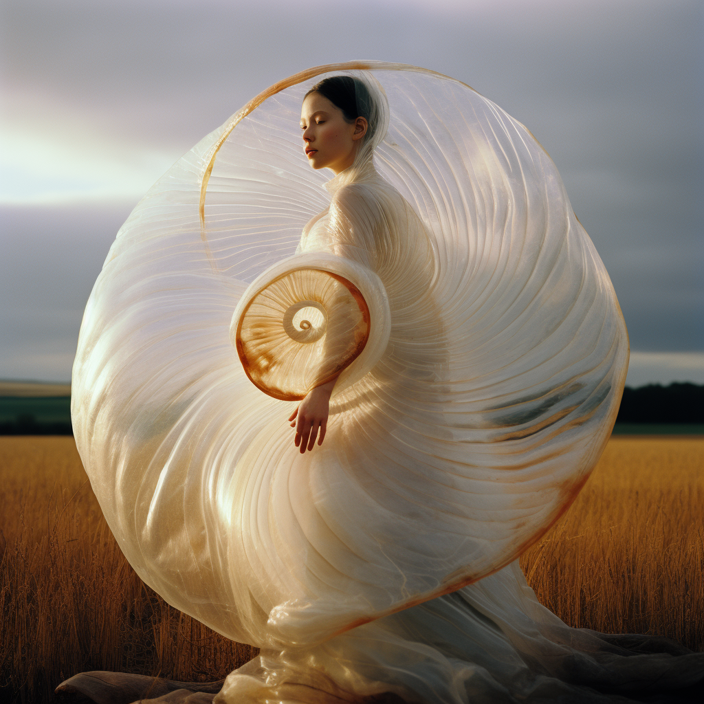 Woman in Haute Couture Dress Inspired by Snail Shell