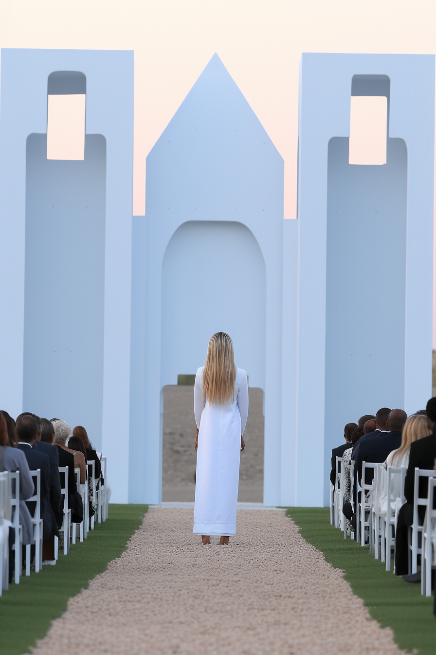 Fashion show at monumental airport with silver materiality