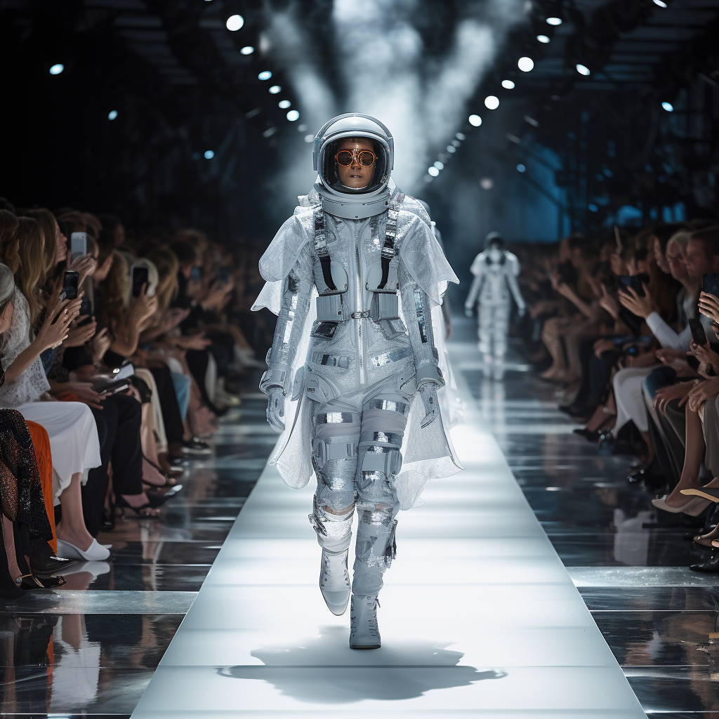 Models in space suits walking the runway