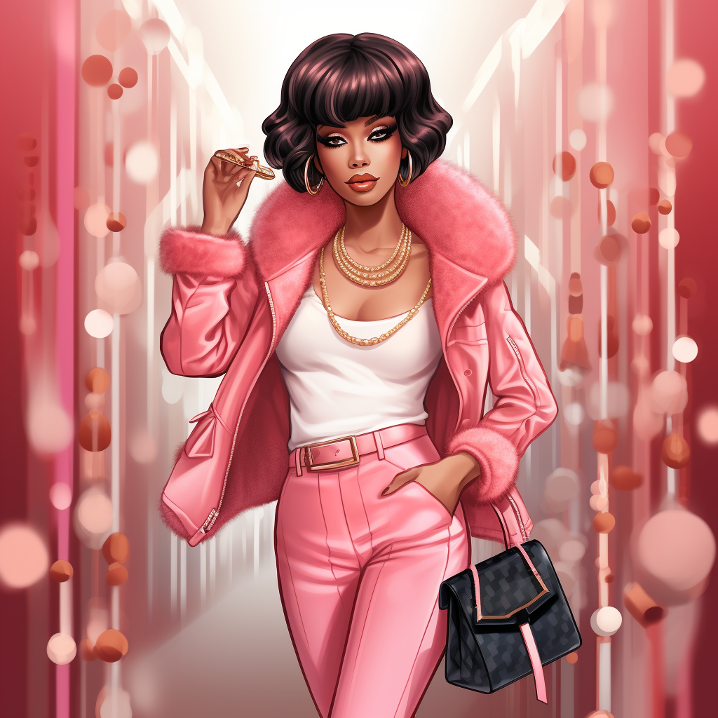 Beautiful Black Woman in Pink Jean Suit with Chanel Bag