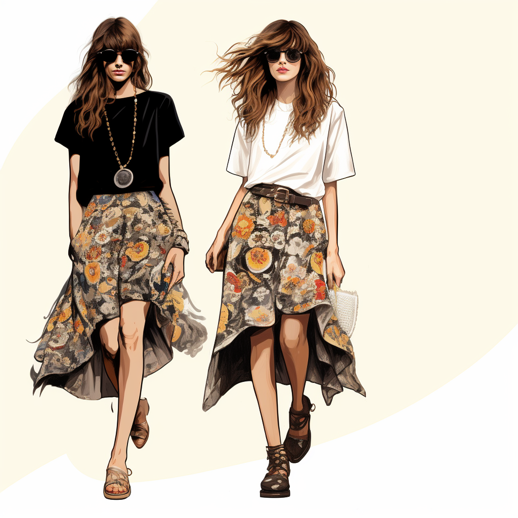 Fashionable woman in skirt with floral and abstract prints