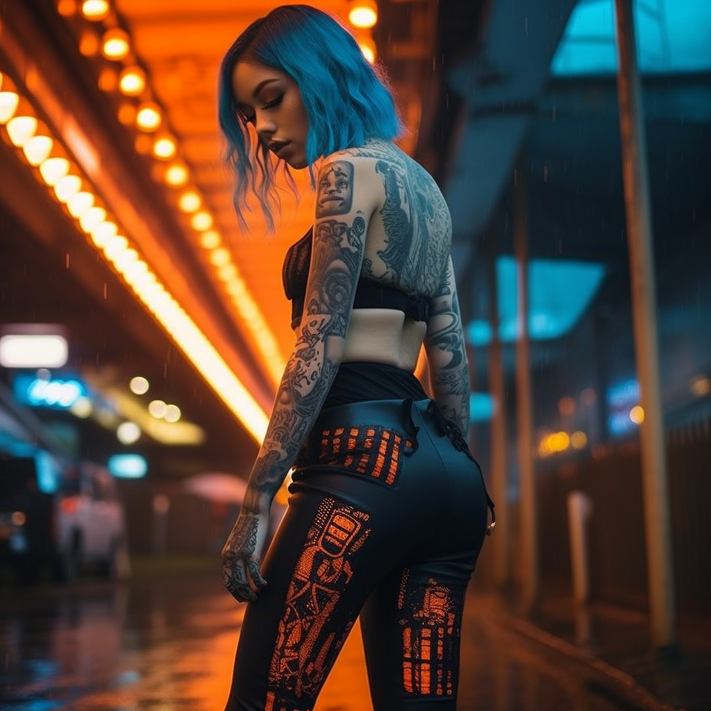 Stylish fashion with tattoos in cyberpunk aesthetic