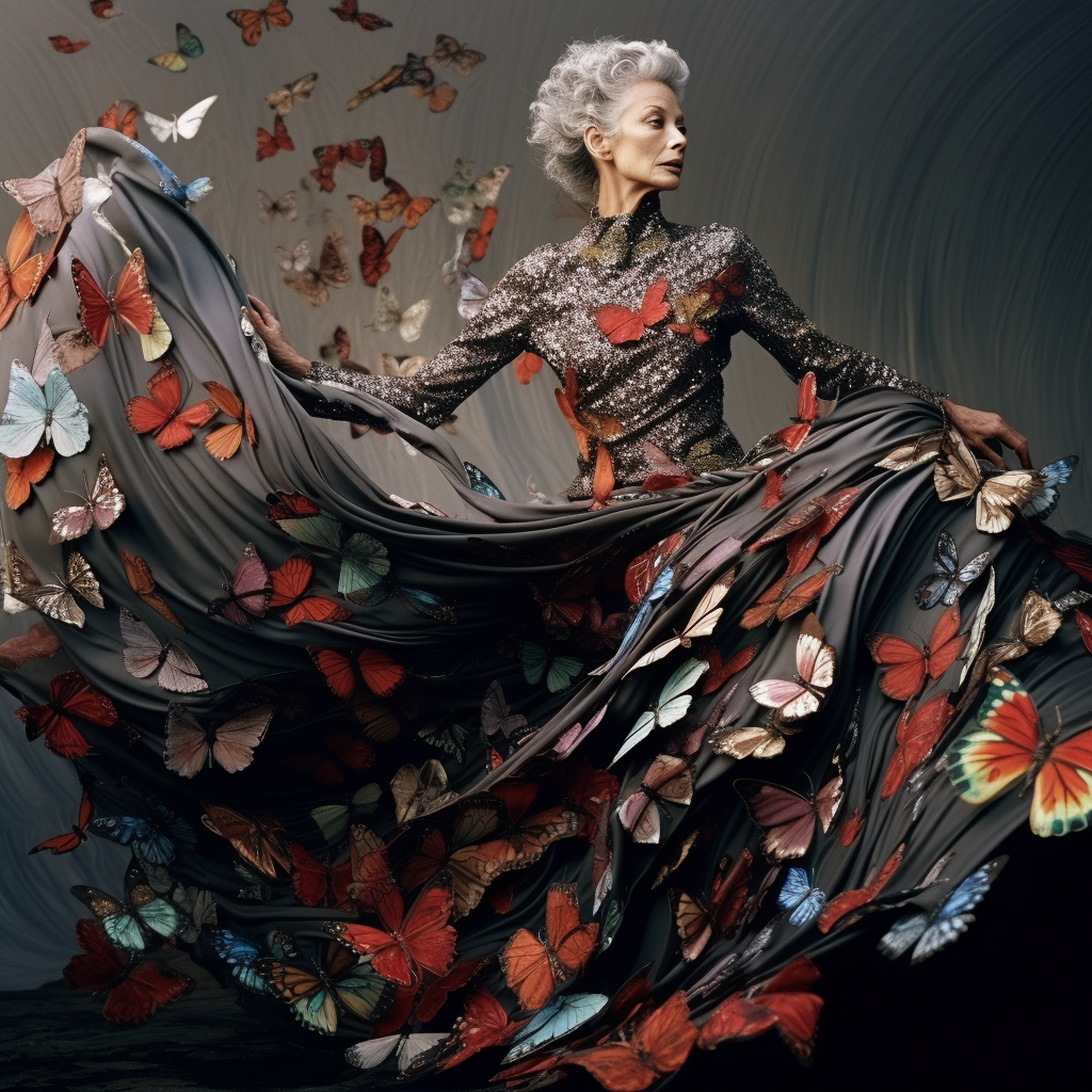 Fashion editorial of a stunning 60-year-old woman dancing