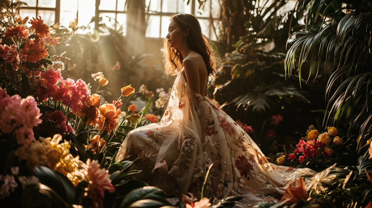 Hispanic female model in ethereal gown among flowers