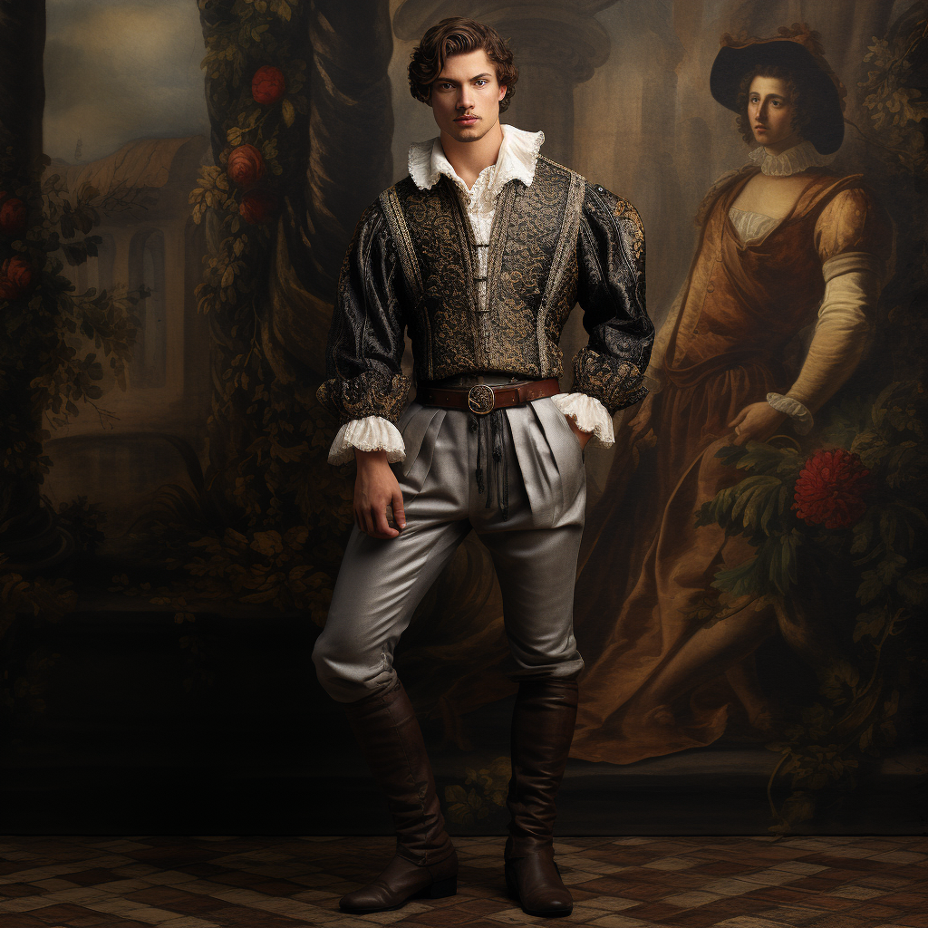 Confident 1500s Fashion Man with Mythical Creatures Background