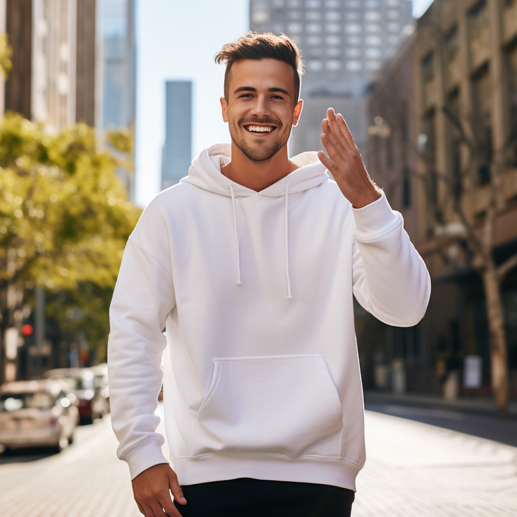 Smartly dressed man wearing blank white hoodie