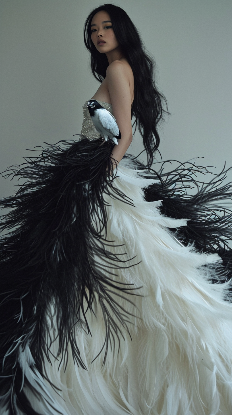 Woman in Avant Garde Feather Gown