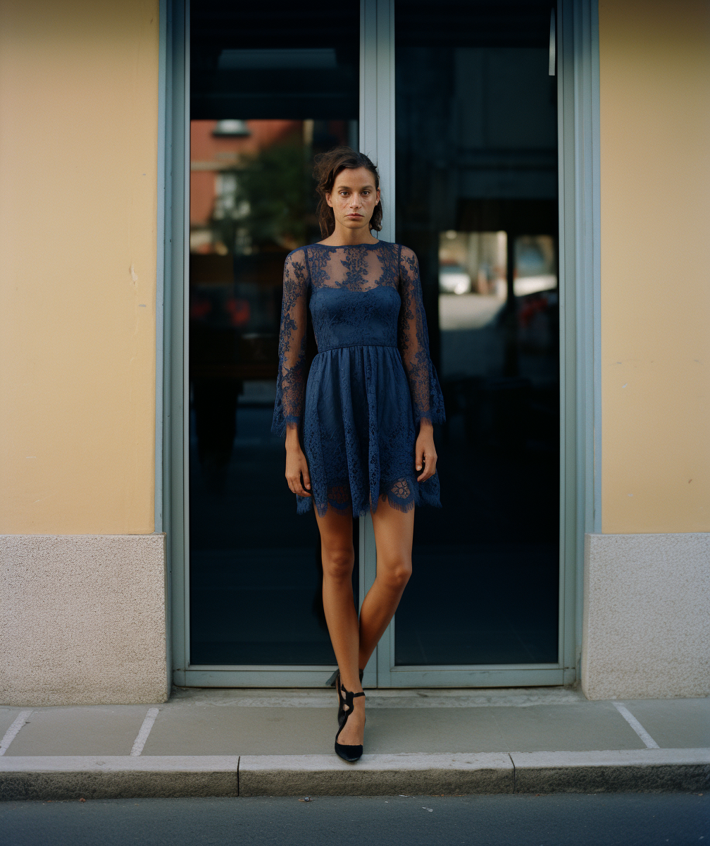 Woman in Navy Blue Lace Dress and Pink Heeled Sandals