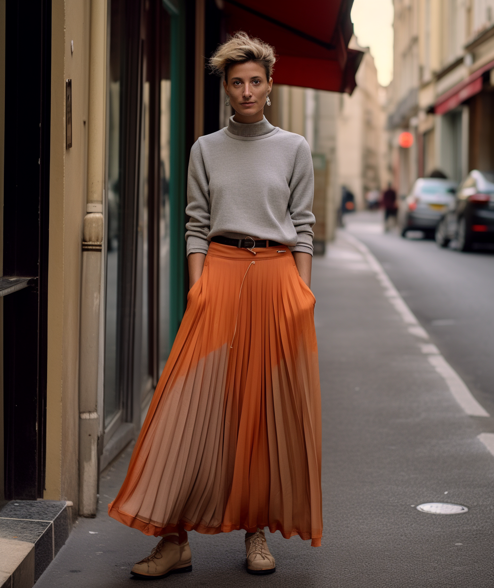 Woman in Pleated Midi Skirt and Oversized Sweater