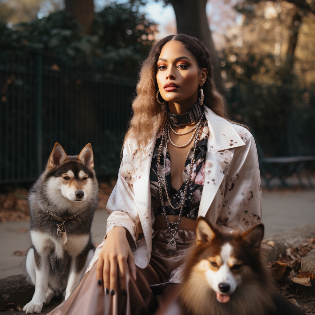 Fashionable black woman observing playful dogs