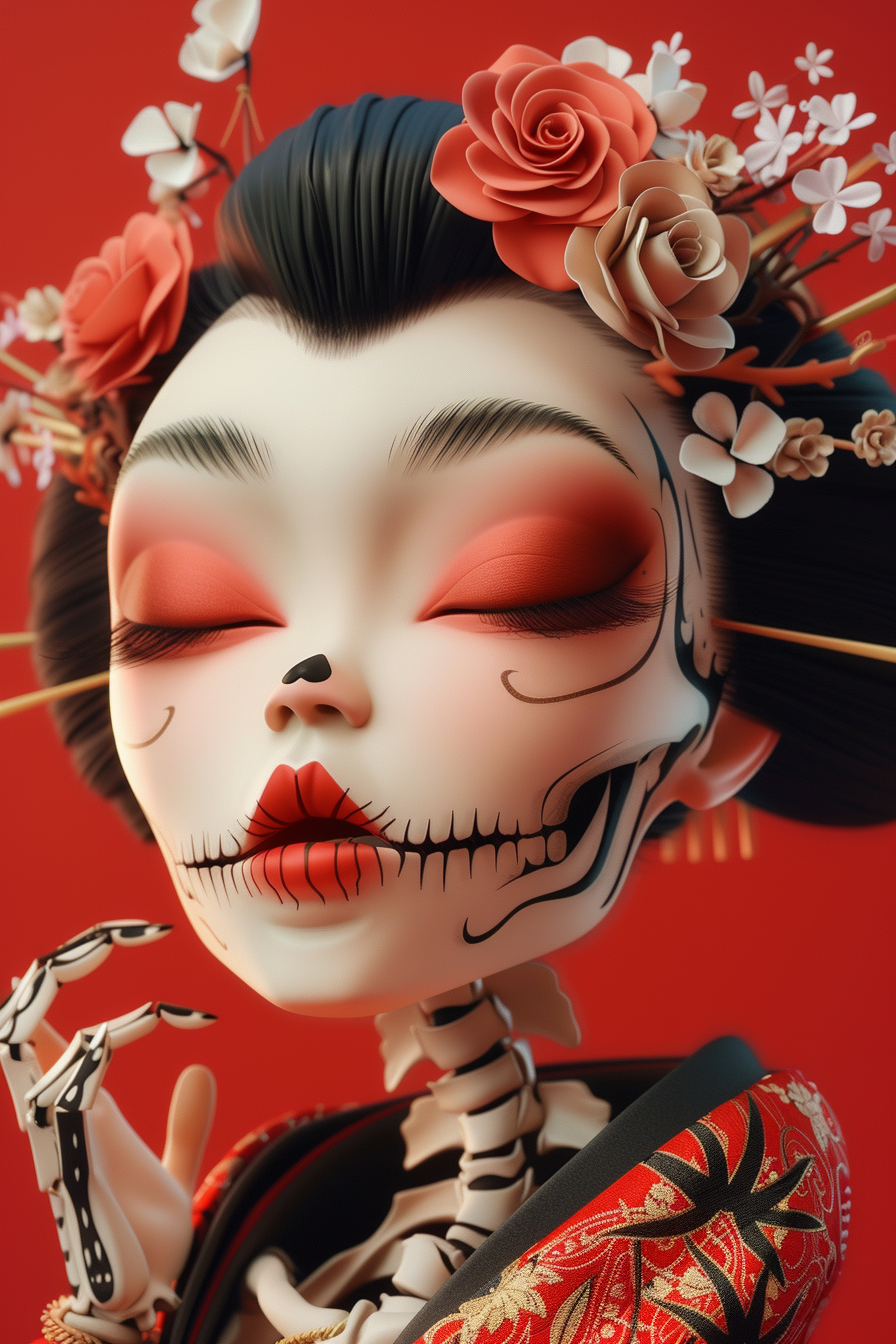 Fashionable Geisha with Skull - Cartoon Style