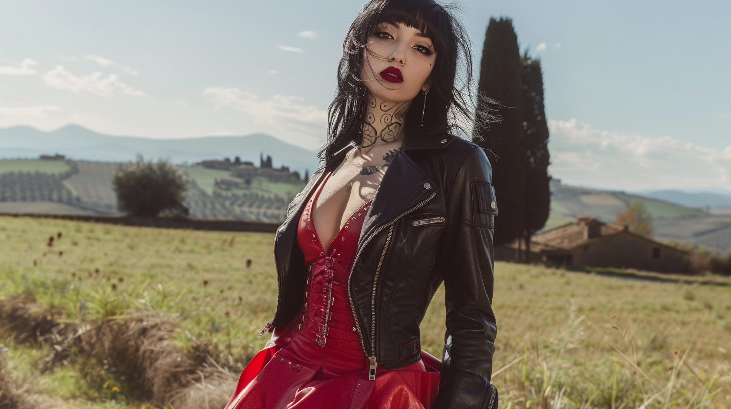 Woman in red latex dress