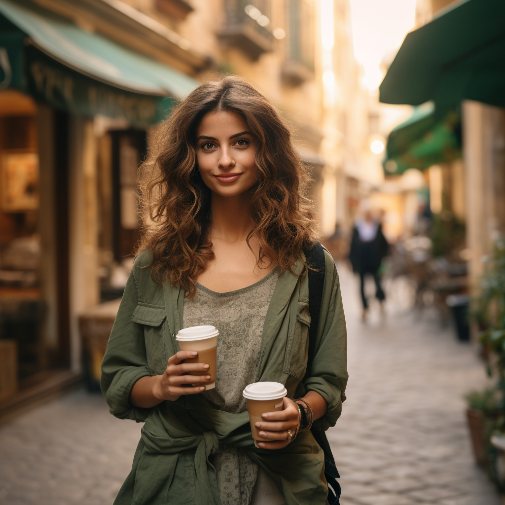 Fashionable Spanish woman in Italy with matcha