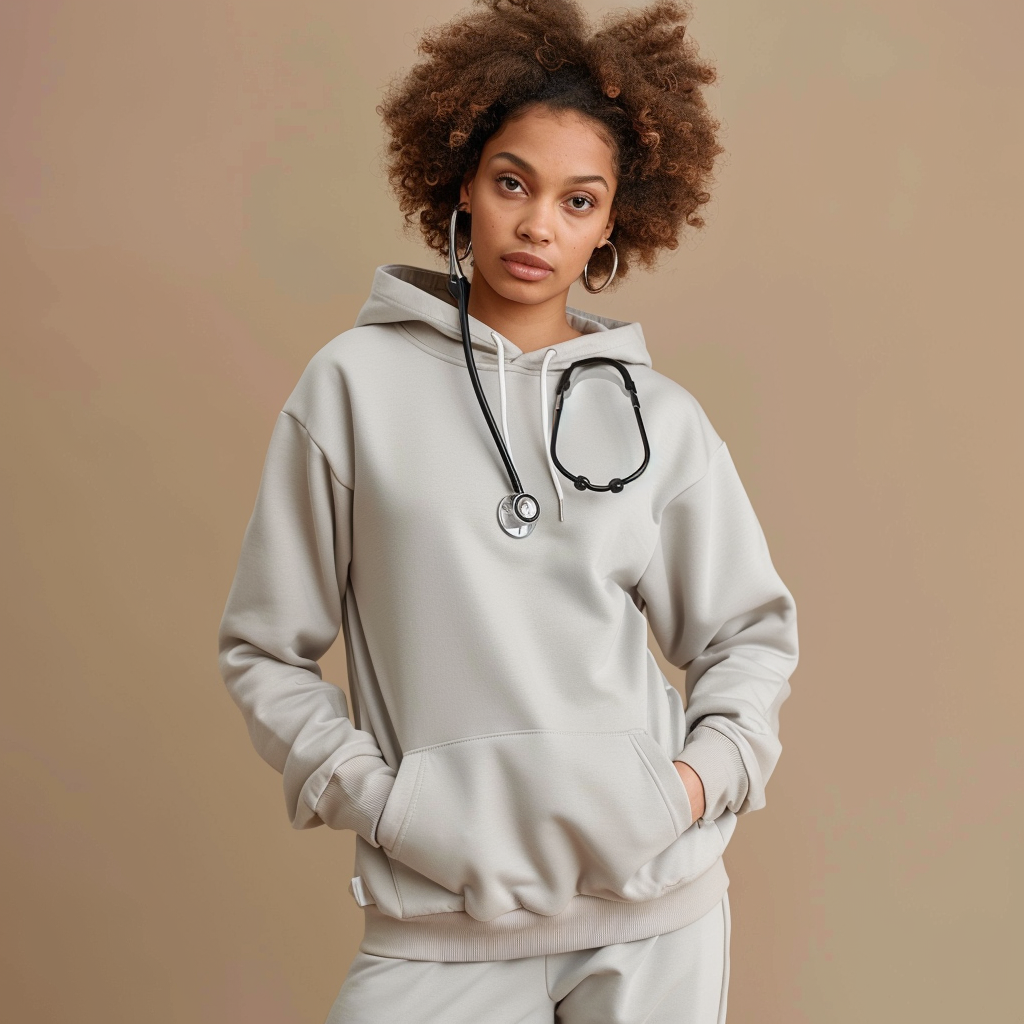 Stylish nurse in grey hoodie