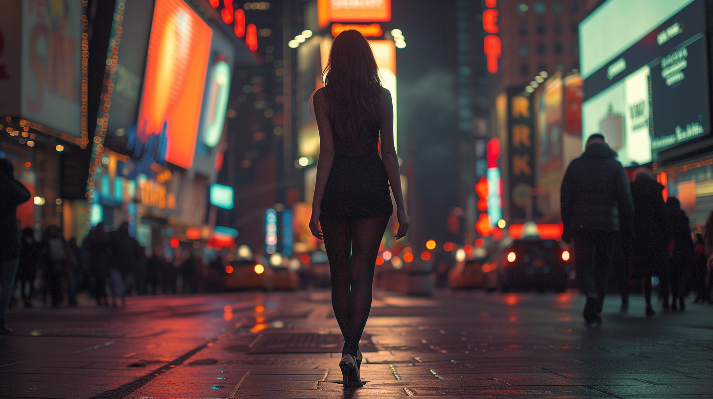 Fashionable woman smiling in Times Square