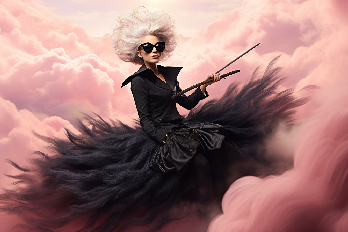 Fashionable witch with broomstick in the clouds