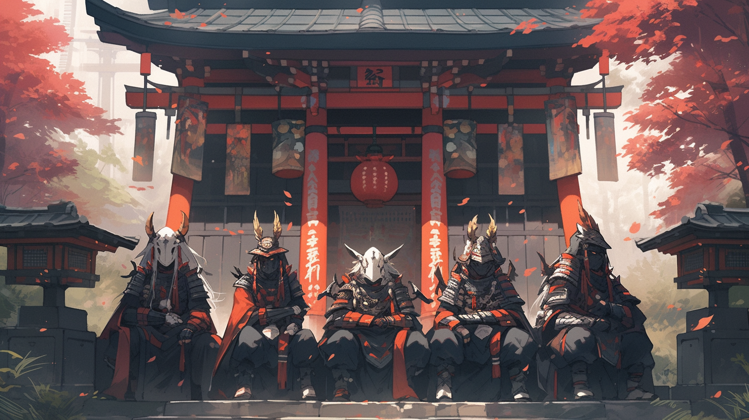 Fashionized samurai crew at a temple entrance