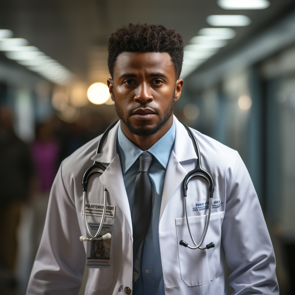 Fast Black Doctor Running in Empty Hospital Corridor