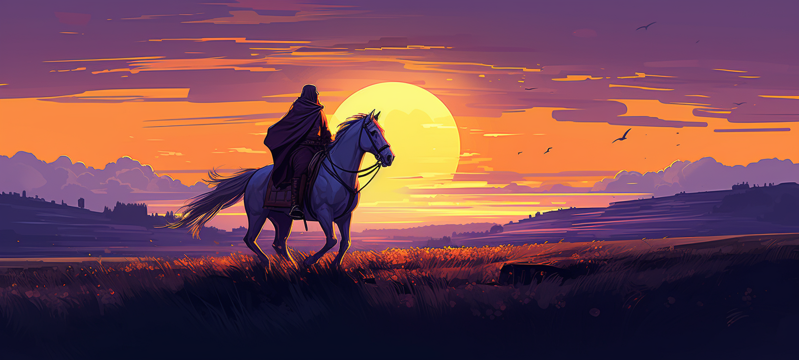 Man in white hooded cloak riding fast on horse