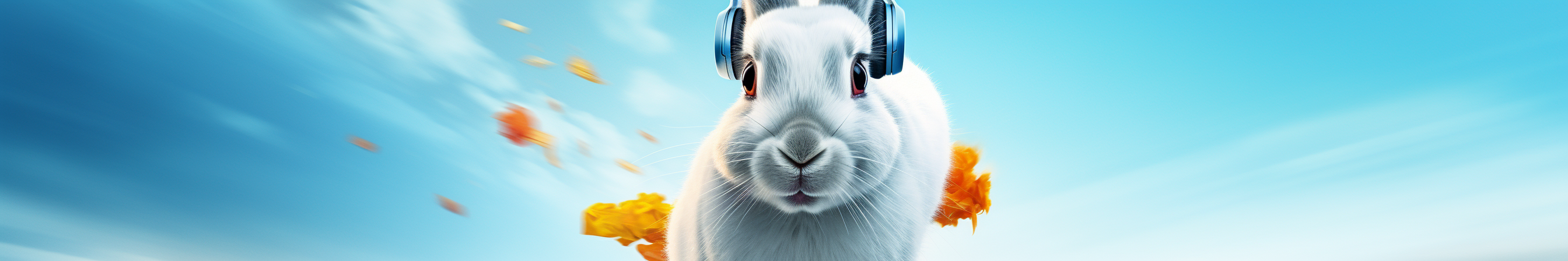 White Rabbit wearing headphones in motion