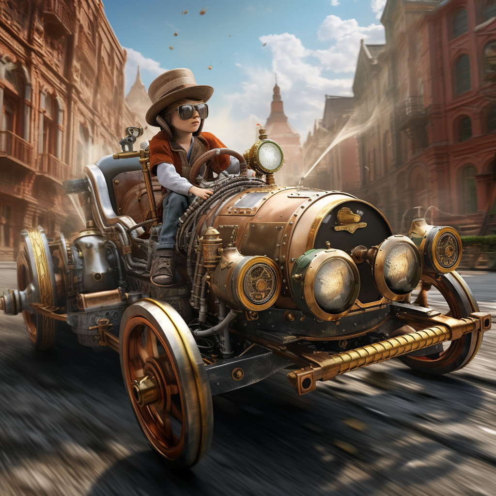 Vintage steampunk race car piloted by a child