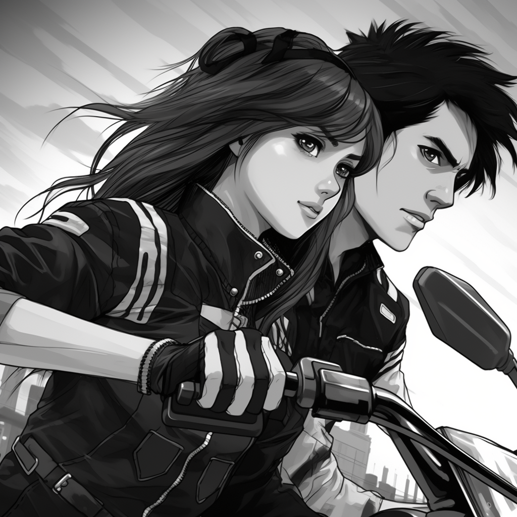 Energetic biker boy and his anxious waifu on a highway