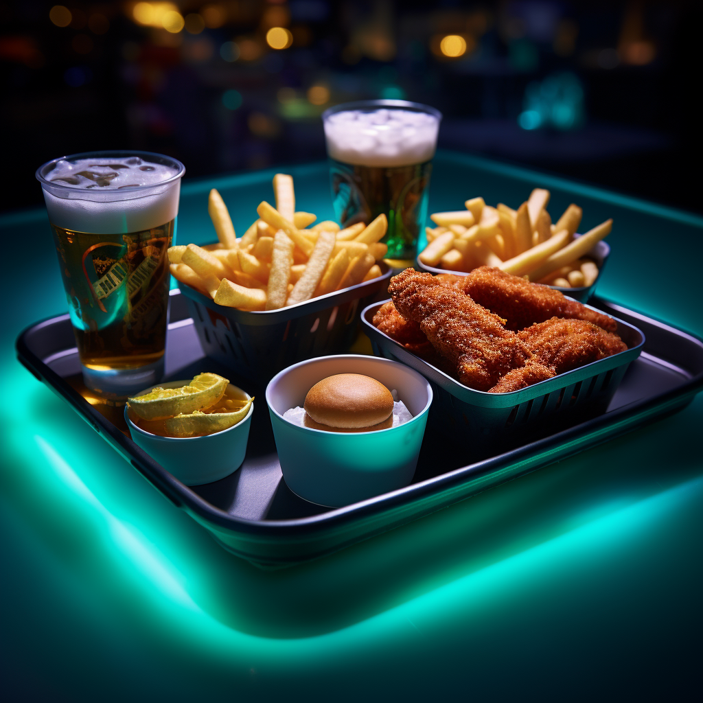 Delicious fast food tray with tenders, french fries, and a drink