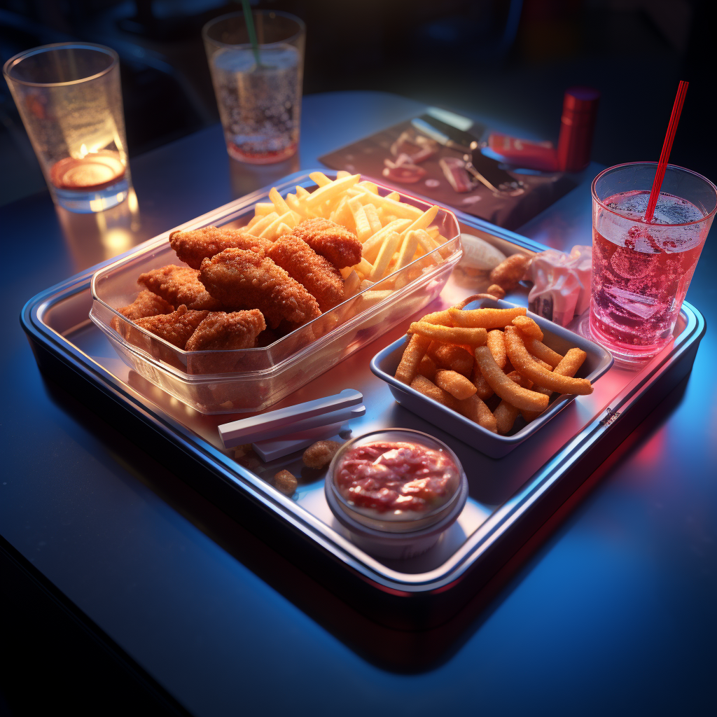 Tempting fast food tray with neon lighting